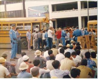 People gathering in 1975 Boston Busing